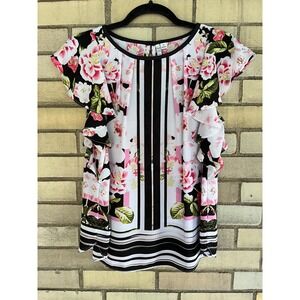 Elle Floral Stripe Ruffle Sleeve Blouse Pink Black White Top Size XS